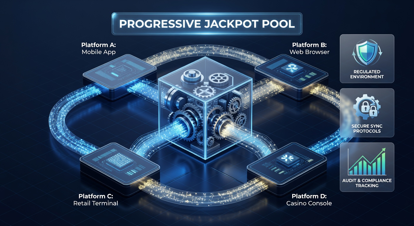 Serverraum mit synchronisierten Datenbanken und Überwachungssystemen für Jackpot-Pools in einem regulierten Umfeld
